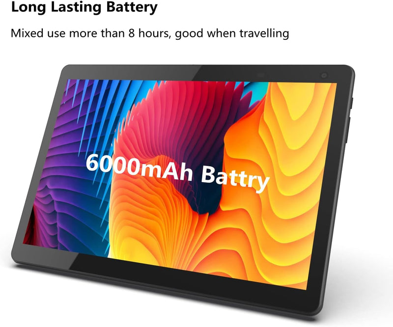 10 inch Tablet Android 12 OS, HD 800x1280 IPS Touchscreen, 2GB + 32GB Quad-Core CPU, 6000mAh Battery, Dual Camera Dual Speaker, WiFi Bluetooth Google GMS Certified, Portable Tablet PC, Black