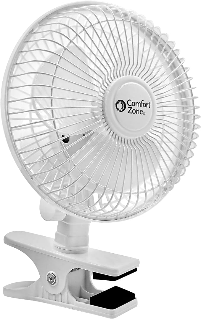 Comfort Zone Portable Clip on Fan with Fully Adjustable Tilt, Electric, 6 inch, Quiet, Indoor, 2 Speed, Mini Desk Fan, Table Fan, Airflow 6.53 ft/sec, Ideal for Home, Bedroom, Dorm & Office, CZ6C