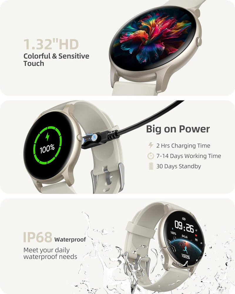 Round Smart Watch (Answer/Make Calls), 1.32" HD Fitness Watch for Men Women, 100+ Sport Modes, IP68 Waterproof, Heart Rate, Sleep Blood Oxygen Monitor, Fitness Activity Tracker for Android iOS Phones