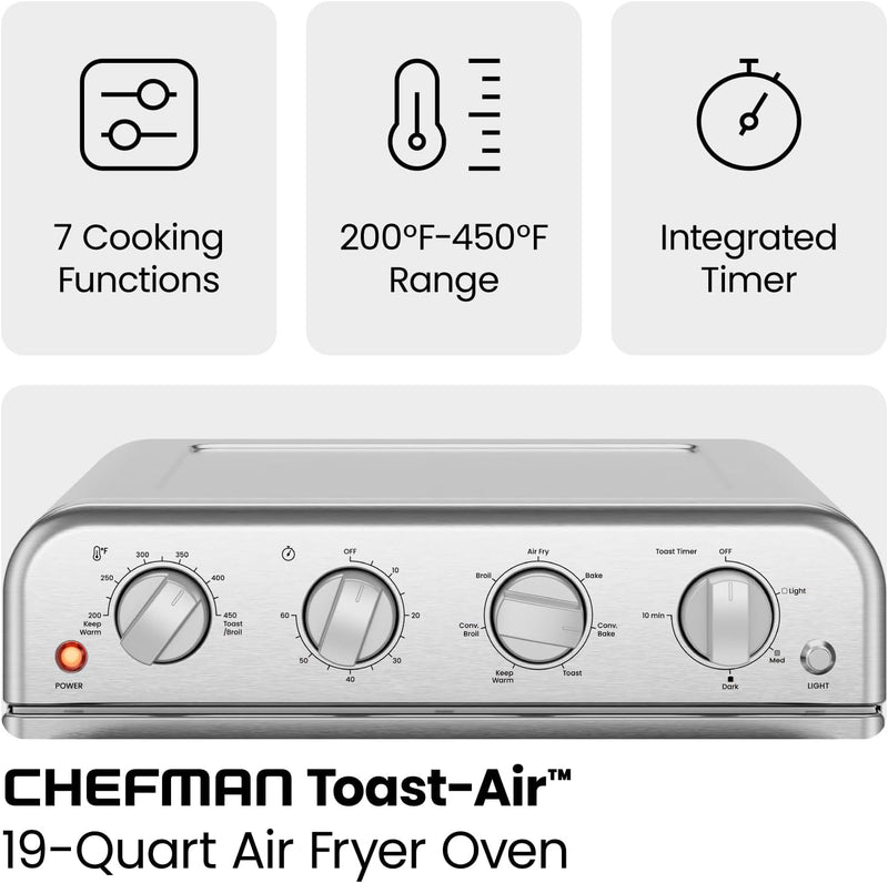 Chefman Air Fryer Toaster Oven Combo, 7-in-1, Convection Oven Countertop Extra Large 19 Quart Oven Air Fryer, Integrated Timer, Auto-Shutoff, Stainless Steel