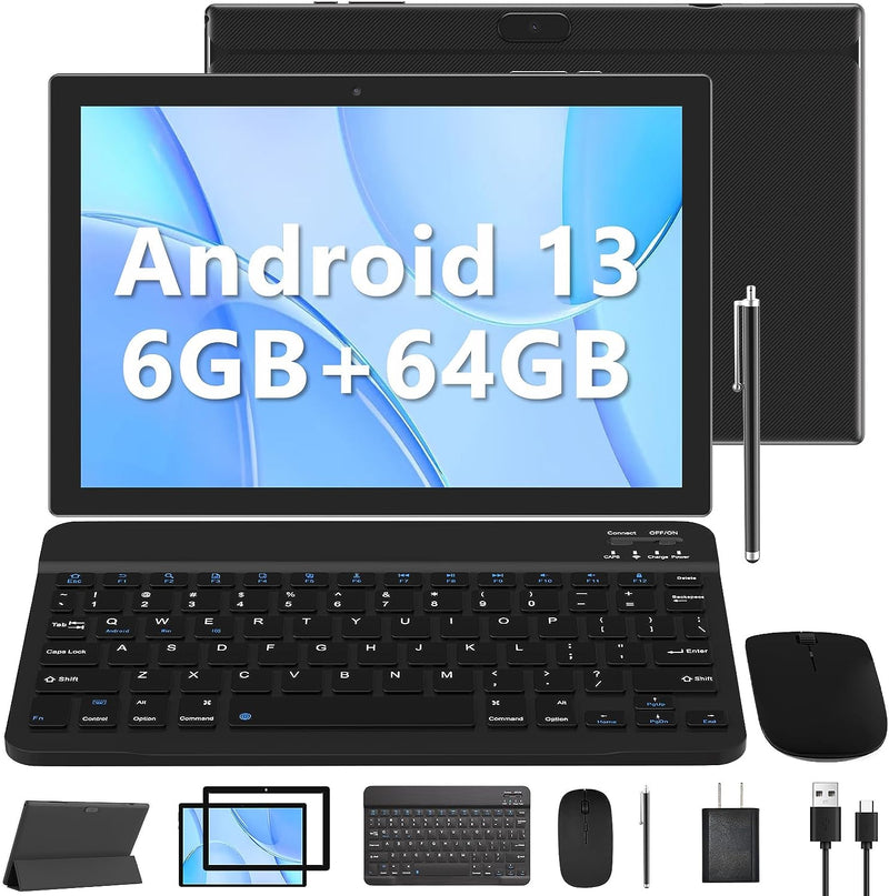 Android 13 Tablet Set,  2 in 1 6GB+64GB Tablet, 10 inch, Tablets with Keyboard Case Mouse Stylus Screen Flim, ddr4 5G Wi-Fi WIFI6 10.1 IN HD Touch Screen 8MP Dual Camera, Games Tab, BT Tableta PC
