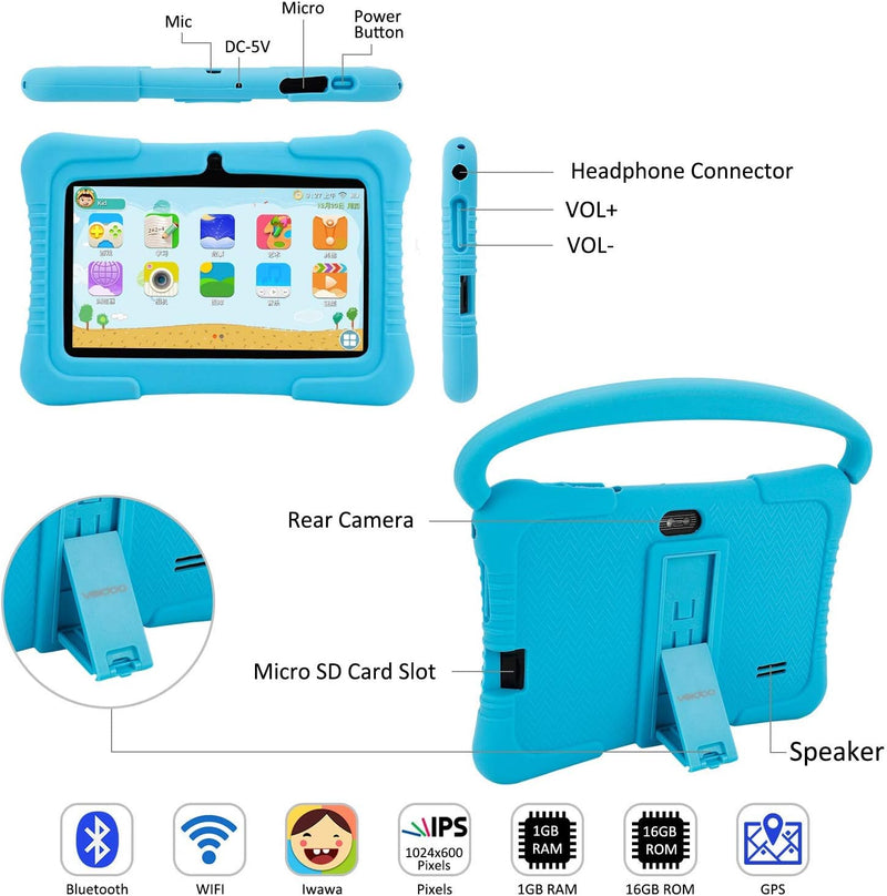 Kids Tablet, 7 inch Android Tablet for Kids 1GB Ram 16GB Storage, IPS Screen, Parent Control, Bluetooth, WiFi, Protective case with Kickstand, Pre-installed Learning Games