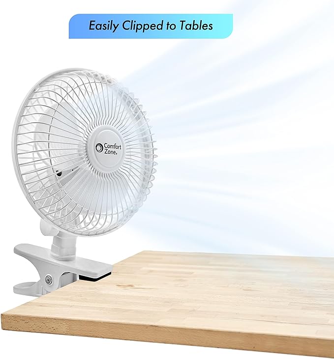 Comfort Zone Portable Clip on Fan with Fully Adjustable Tilt, Electric, 6 inch, Quiet, Indoor, 2 Speed, Mini Desk Fan, Table Fan, Airflow 6.53 ft/sec, Ideal for Home, Bedroom, Dorm & Office, CZ6C