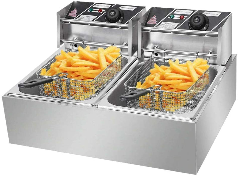 RICA-J  Commercial grade Professional Electric Dual Tanks Deep Fryer, Stainless Steel Frying Machine  with Basket & Lid