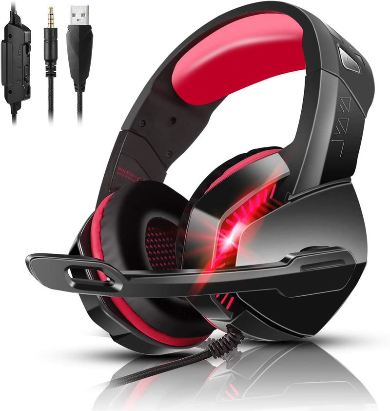 Gaming Headset for PS4, Xbox One, PC, Laptop, Mac, Nintendo Switch, Over the Ear Headset with Mic, Noise-Cancelling, 7.1 Bass Surround Sound, LED Light, Comfort Earmuff