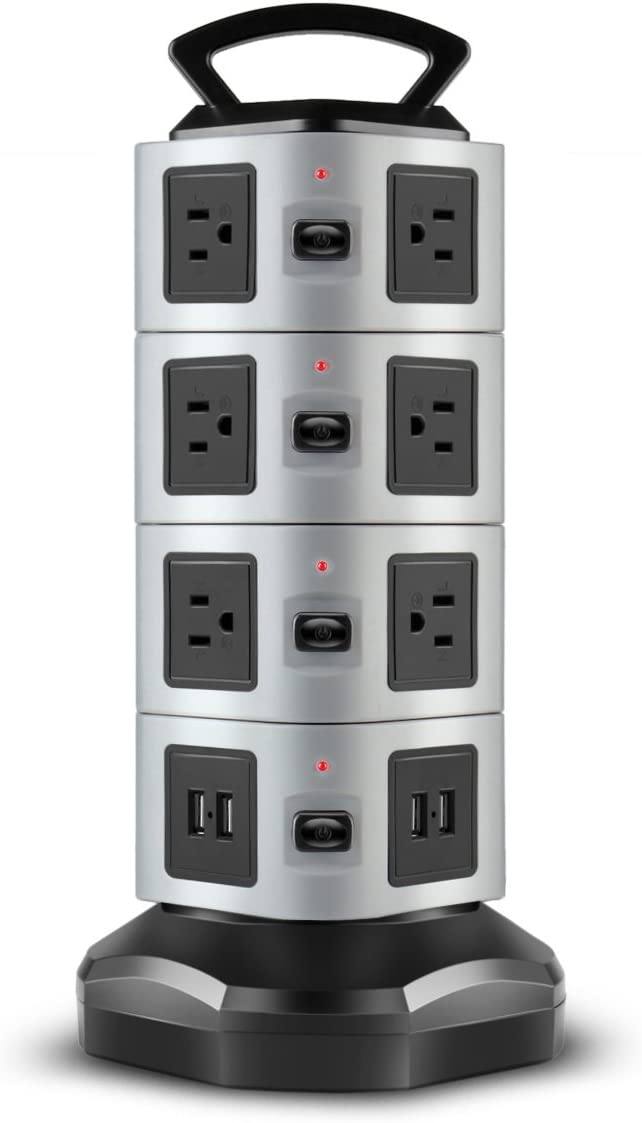 Power Strip Tower Surge Protector with 14 AC Outlets and 4 USB Ports, Handle and Retractable Cord