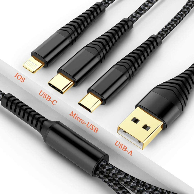 Multi Charging Cable 2Pack 5ft Nylon Braided Universal 3 in 1 Multiple Ports Devices USB Charger Cord with Gold-Plated iOS/Type C/Micro USB Connectors for Phones Tablets (Charging Only)