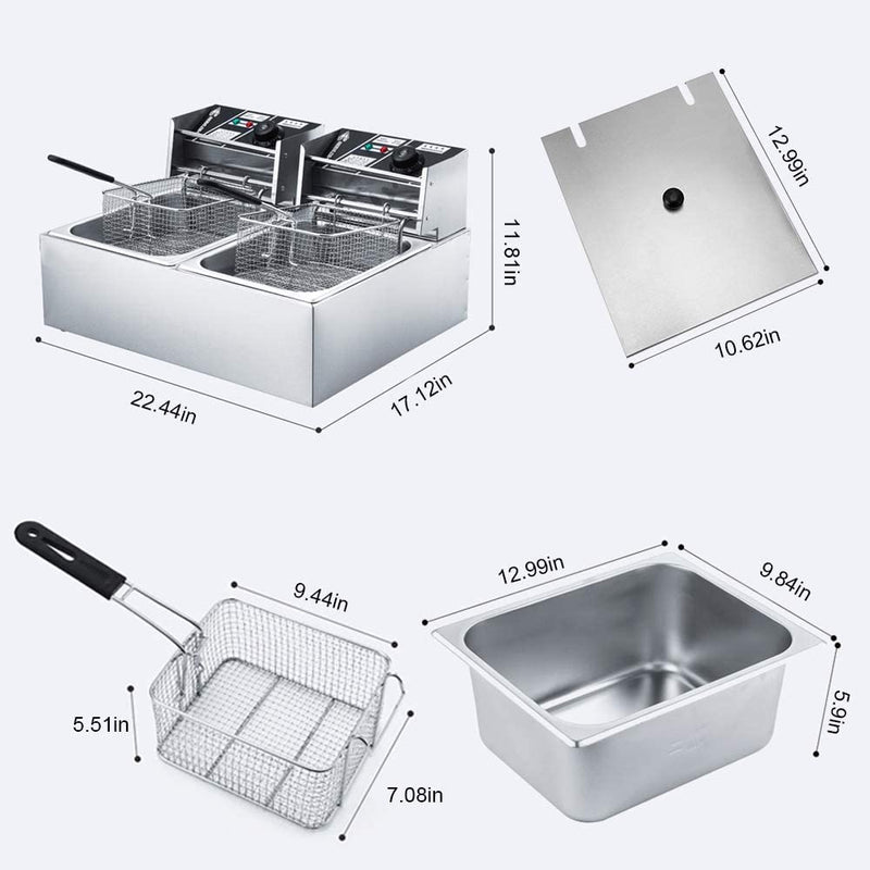 RICA-J  Commercial grade Professional Electric Dual Tanks Deep Fryer, Stainless Steel Frying Machine  with Basket & Lid