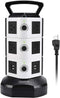 Power Strip Tower Surge Protector with 10 AC Outlets and 4 USB Ports, Handle and Retractable Cord, White / Black