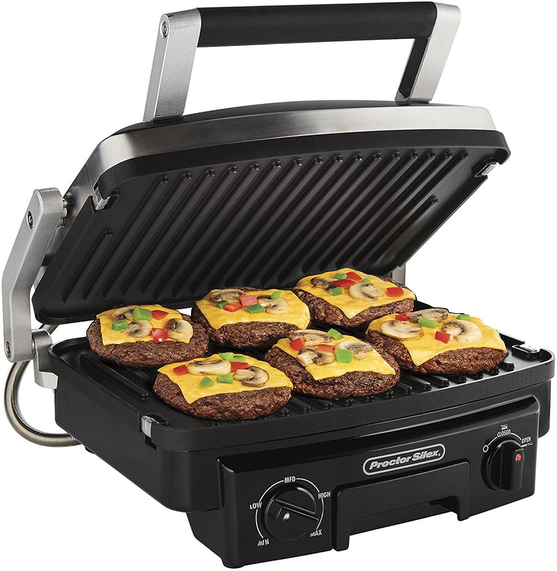 Proctor Silex 5-in-1 Electric Indoor Grill, Griddle & Panini Press, Opens Flat to Double Cooking Space, Reversible Nonstick Plates, Stainless Steel