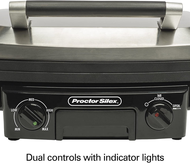 Proctor Silex 5-in-1 Electric Indoor Grill, Griddle & Panini Press, Opens Flat to Double Cooking Space, Reversible Nonstick Plates, Stainless Steel