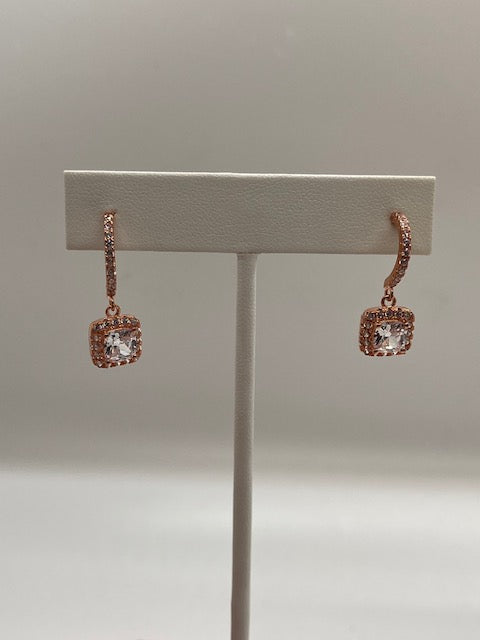 CZ Silver or Rose Gold Square Dangle Earrings