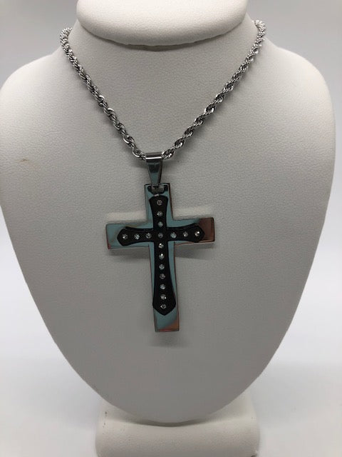 CZ Black and Stainless Steel Cross Necklace
