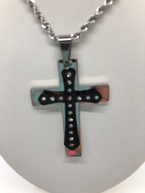 CZ Black and Stainless Steel Cross Necklace