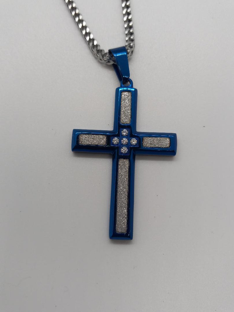 Black or Blue Stainless Steel Cross Necklace with CZs