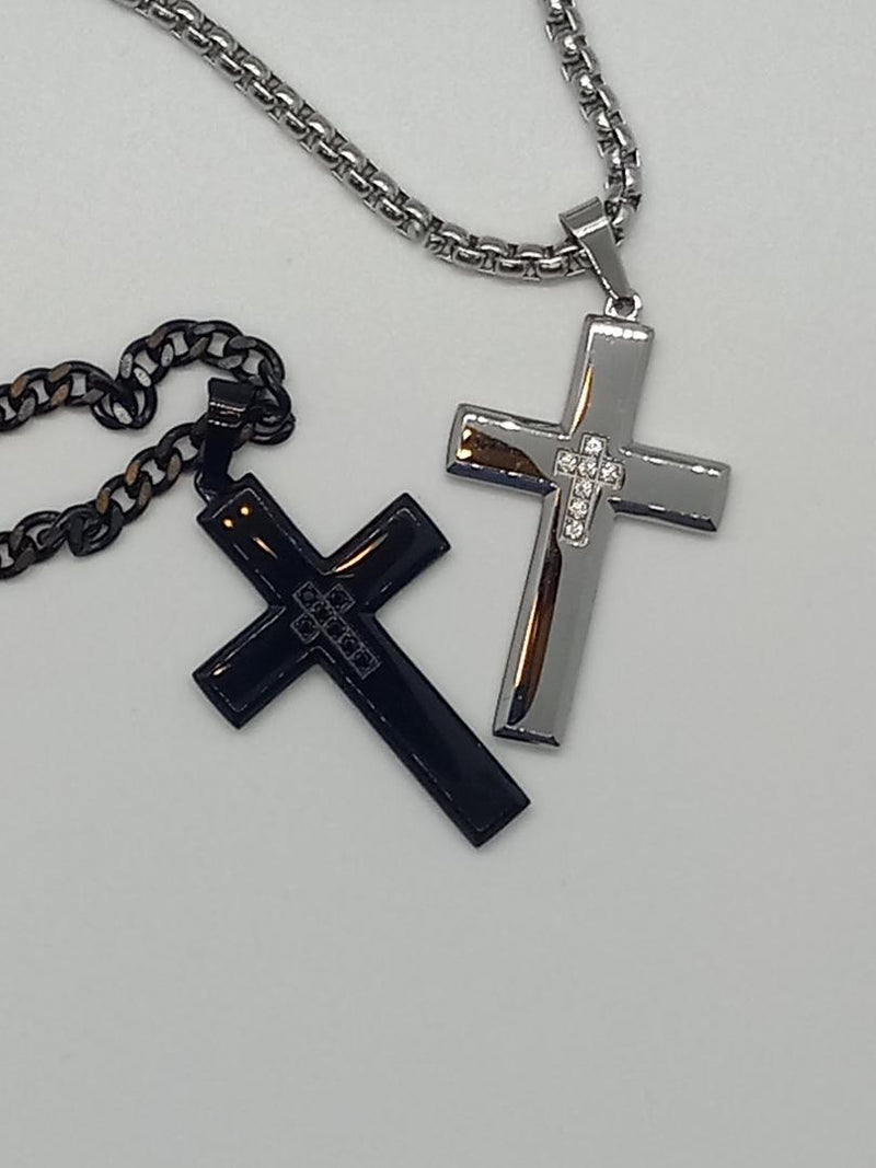 Silver or Black Stainless Steal Cross Necklace with CZs
